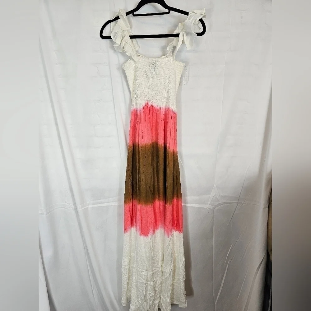 AREA Stars Bella dip-dye Maxi ruffle dress neutral in pink and brown flutter - Picture 6 of 6